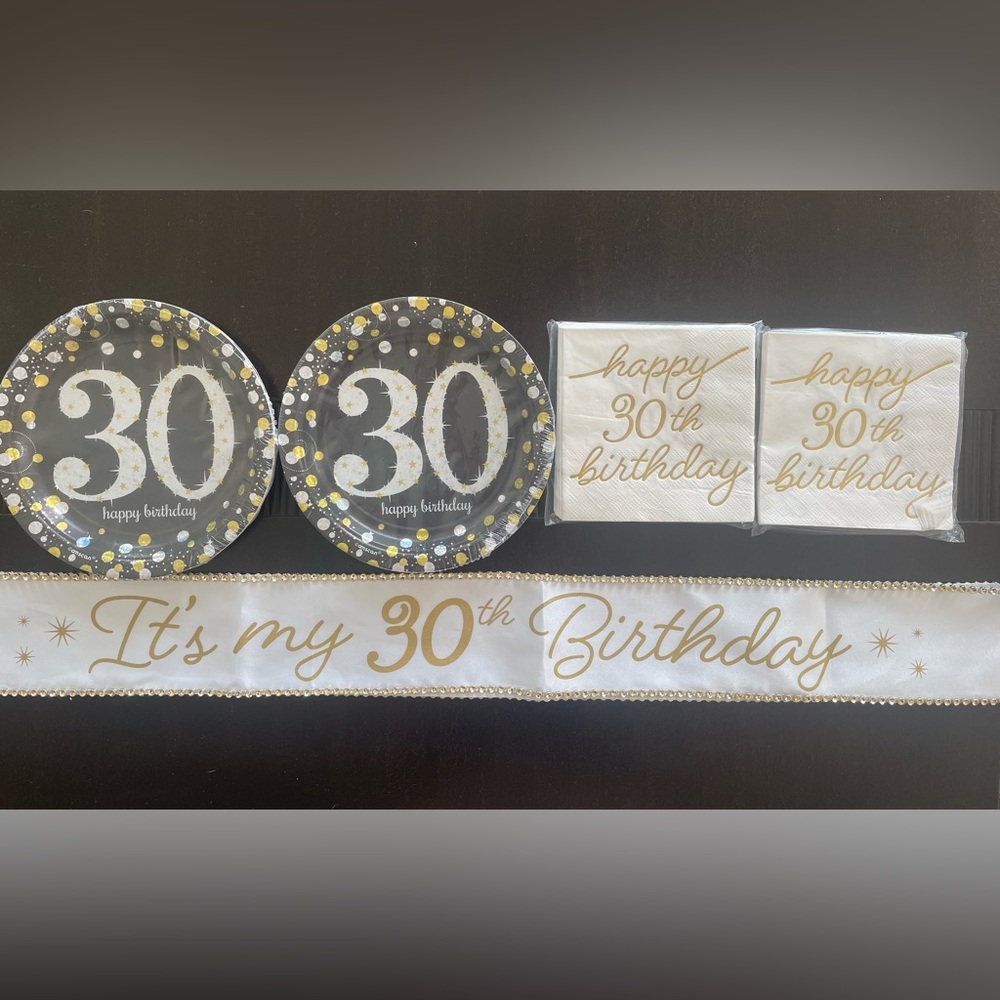 30th birthday sash, plates and napkins. NWT. Never used.